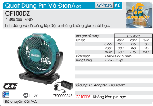 Qu t d ng pin v i n Makita CF100DZ kh ng k m pin s c Makita